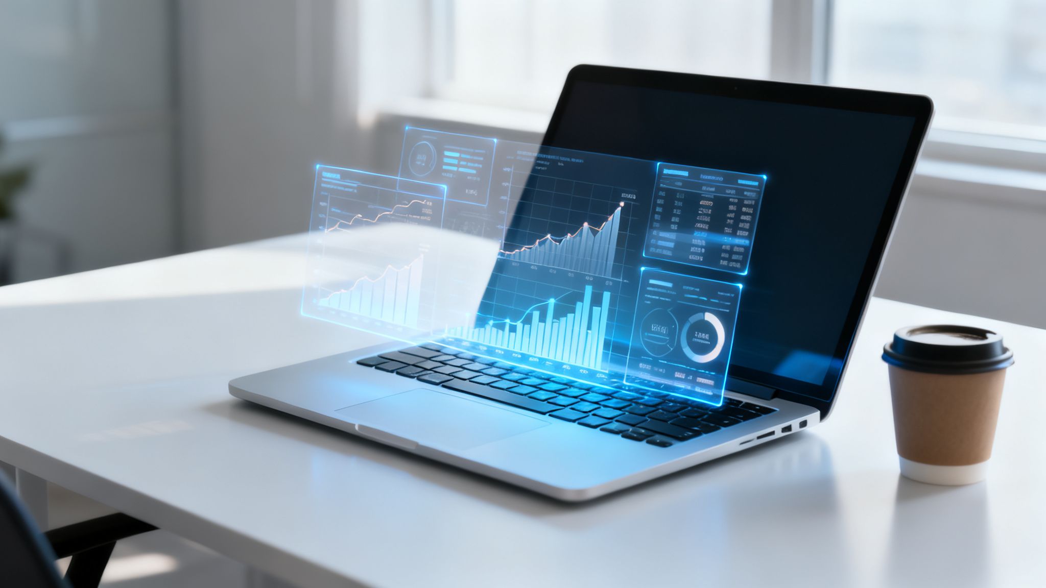 Un laptop su una scrivania bianca mostra ologrammi di dati, grafici e metriche di business, con una tazza di caffè.