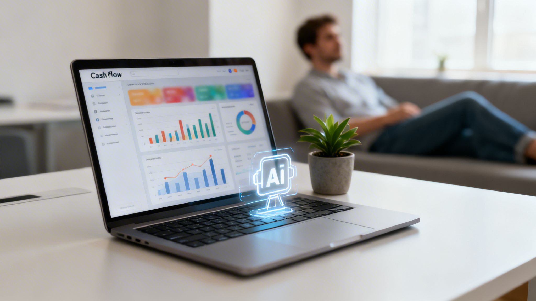 Laptop aperto su una scrivania bianca che mostra un'interfaccia di flusso di cassa con grafici e un'icona AI olografica. Un uomo sfocato si rilassa sullo sfondo.
