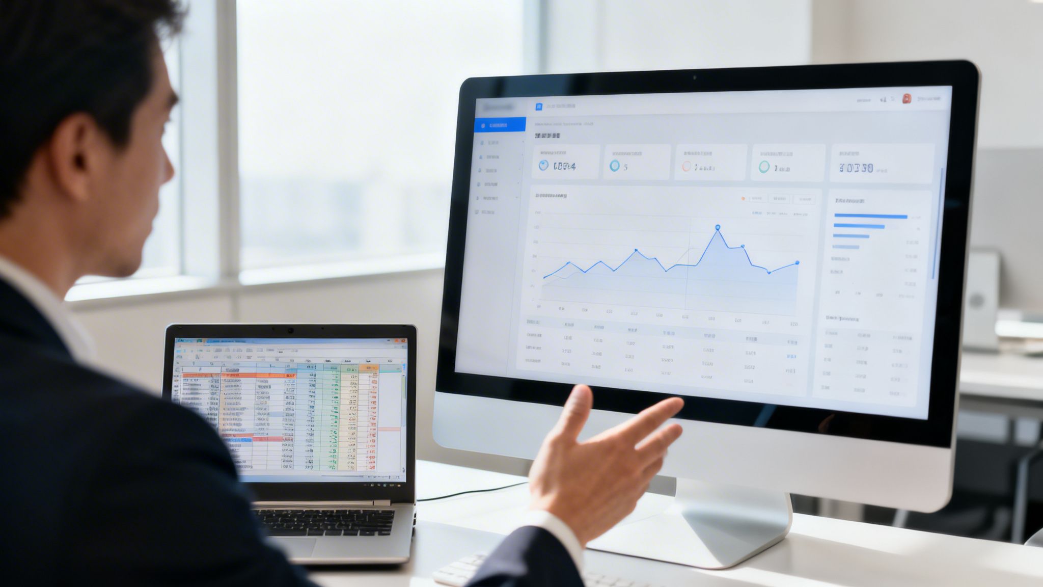 Un uomo in ufficio analizza dati finanziari su due schermi, mostrando grafici e fogli di calcolo Excel.