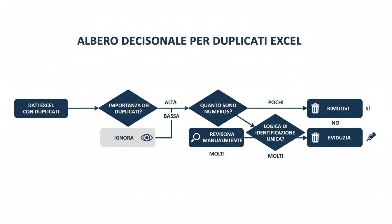 Diagramma di flusso che illustra un albero decisionale per la gestione dei duplicati nei dati Excel.