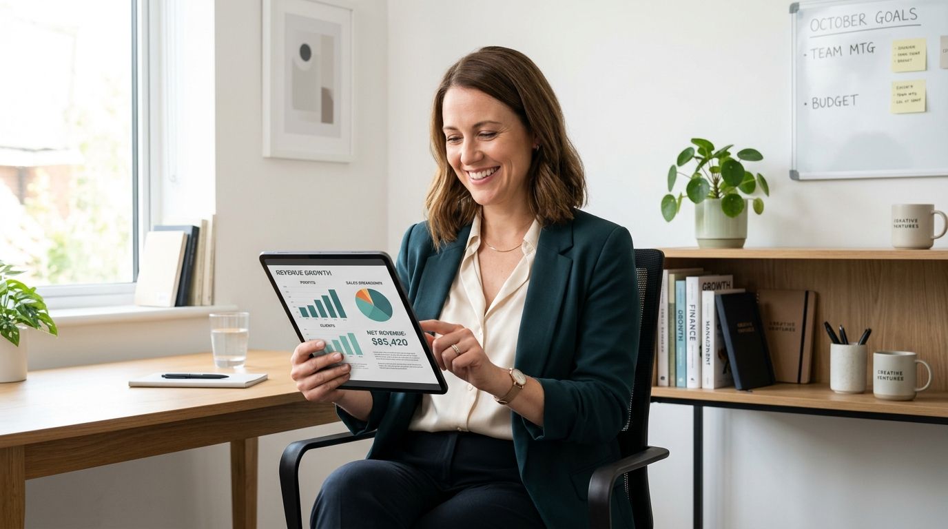 Una professionista sorridente che analizza grafici di crescita dei ricavi aziendali su un tablet in ufficio moderno.