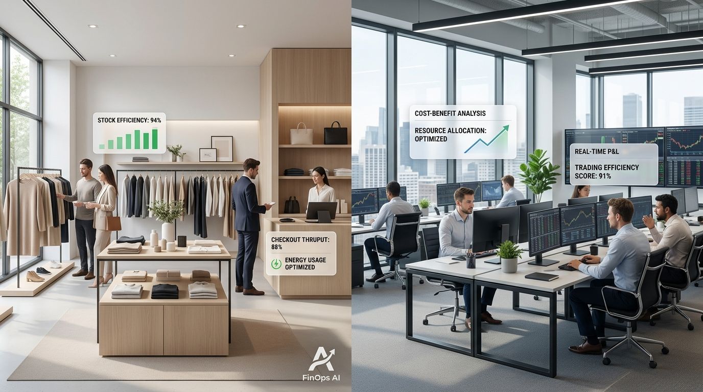 Confronto tra un negozio di abbigliamento moderno e un ufficio finanziario che utilizzano l'analisi AI FinOps.