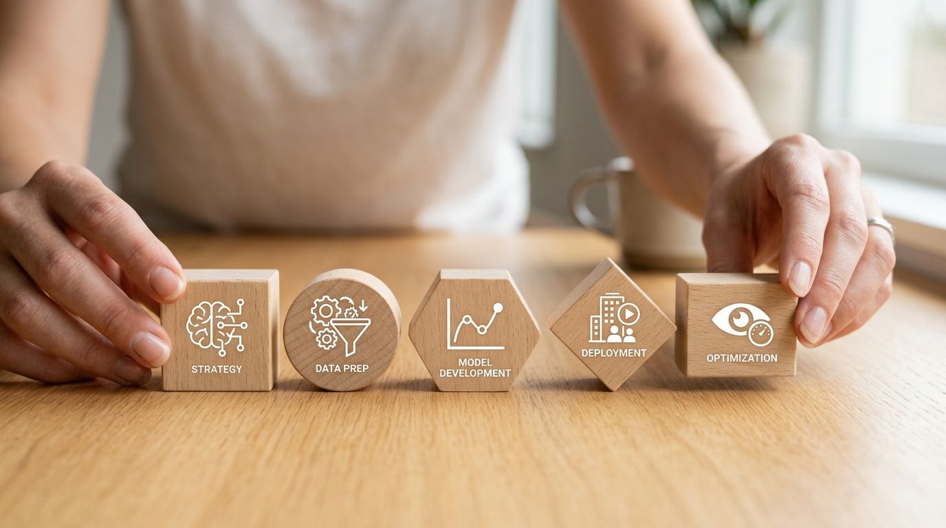 Una persona allinea blocchi di legno che rappresentano le fasi chiave dell'intelligenza artificiale e dell'analisi dati.