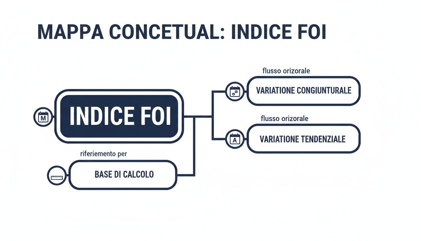 Mappa concettuale dettagliata dell'Indice FOI, mostrando le variazioni congiunturali e tendenziali e la base di calcolo.