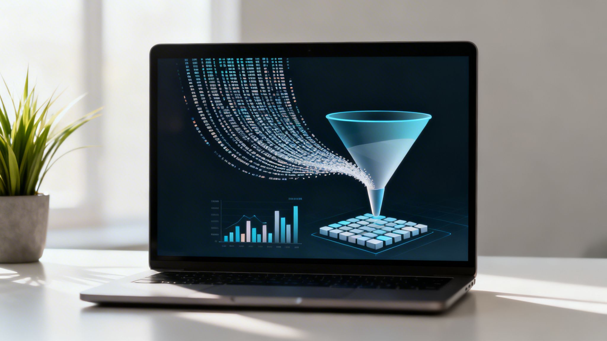 Un laptop mostra una visualizzazione di dati: un flusso di informazioni che entra in un imbuto e si trasforma in grafici e griglie organizzate, con una pianta accanto.