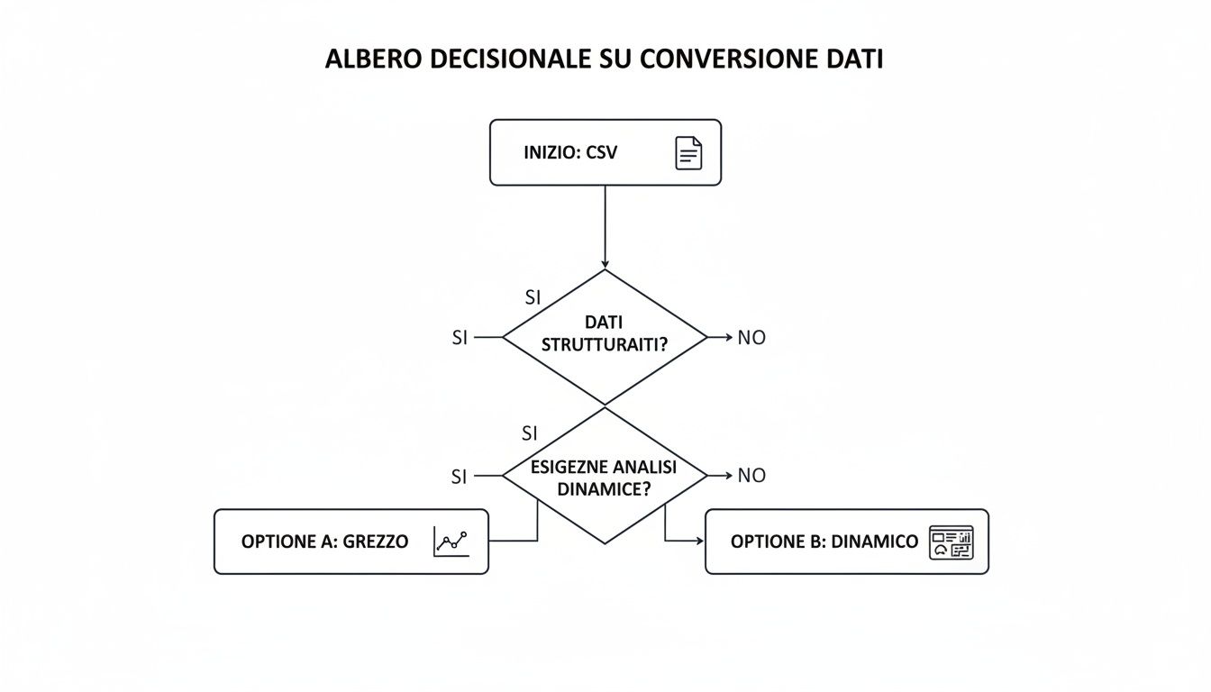 Diagramma di flusso decisionale per la conversione dati da CSV, basato su struttura dati e esigenze di analisi.