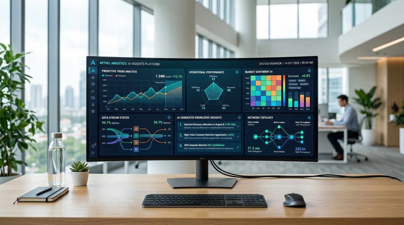 Un monitor curvo su una scrivania mostra una dashboard professionale con grafici e dati analitici avanzati.