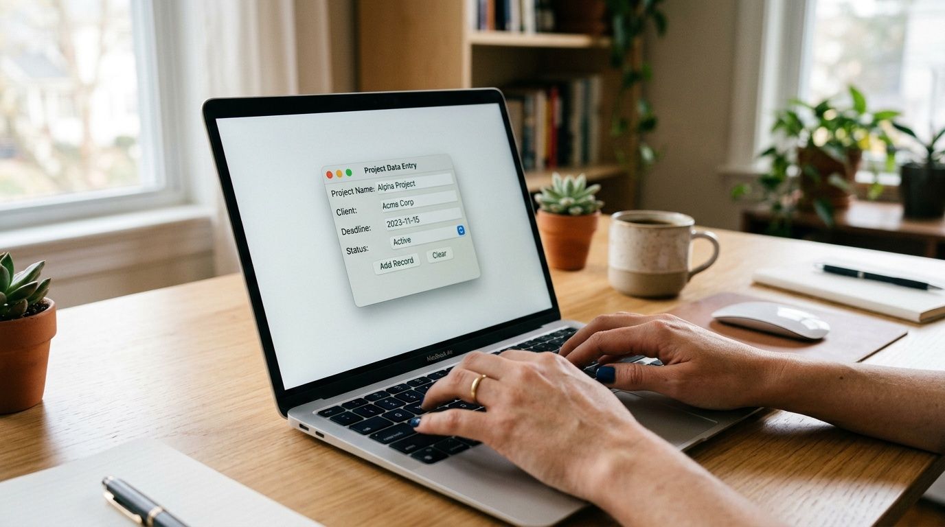 Una persona che lavora su un computer portatile digitando in un modulo di immissione dati del progetto.