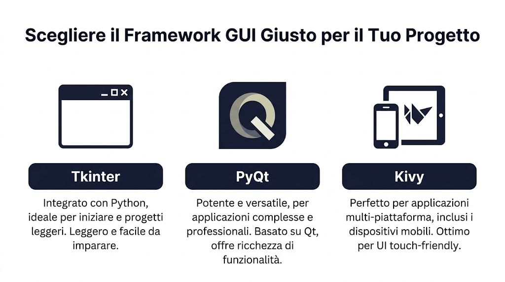 Infografica che confronta tre framework GUI per Python: Tkinter, PyQt e Kivy con brevi descrizioni.