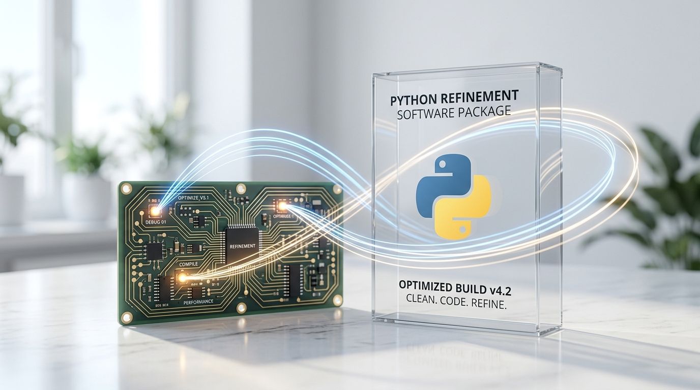 Un circuito stampato collegato a una confezione software di Python tramite un flusso di luce astratto.