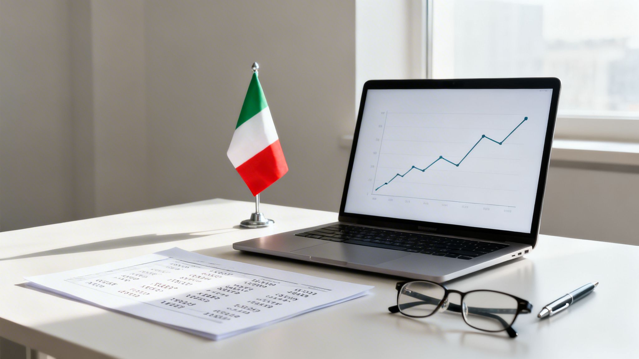 Scrivania con bandiera italiana, laptop che mostra un grafico in crescita, documenti finanziari, occhiali e penna.