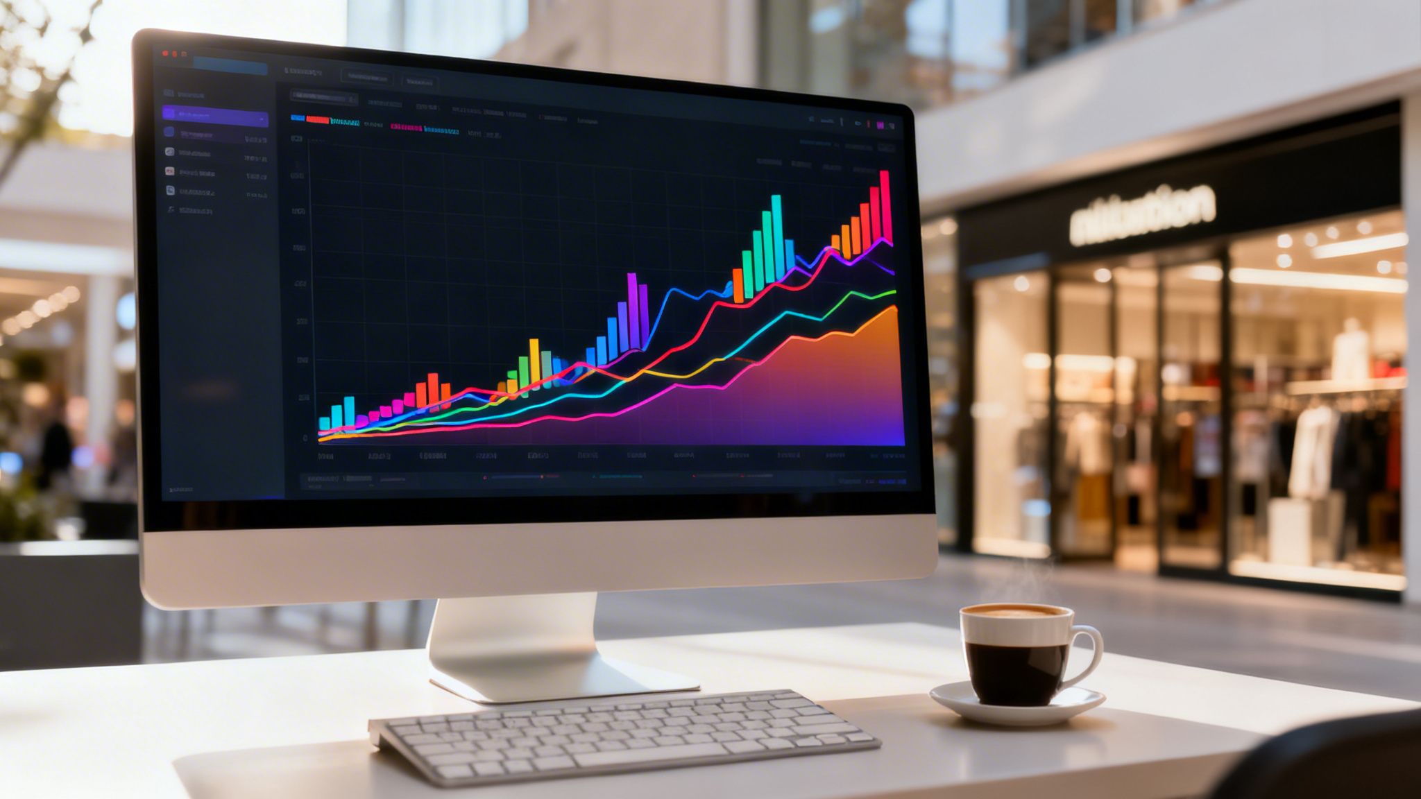 Un monitor mostra grafici finanziari colorati e linee di tendenza su una scrivania con una tazza di caffè fumante, sullo sfondo un centro commerciale.
