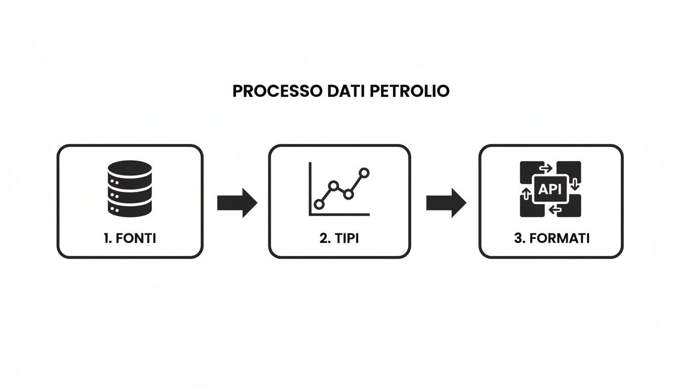 Diagramma di flusso che illustra il processo dei dati petrolio, includendo fonti, tipi e formati.
