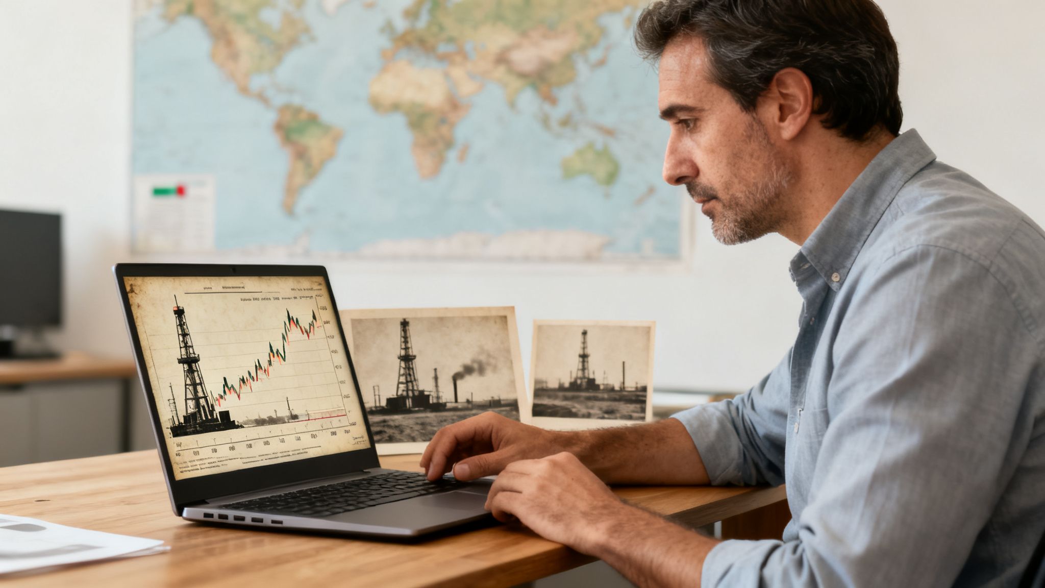 Uomo analizza grafici e immagini storiche dei prezzi del petrolio su laptop, con mappa del mondo sullo sfondo.