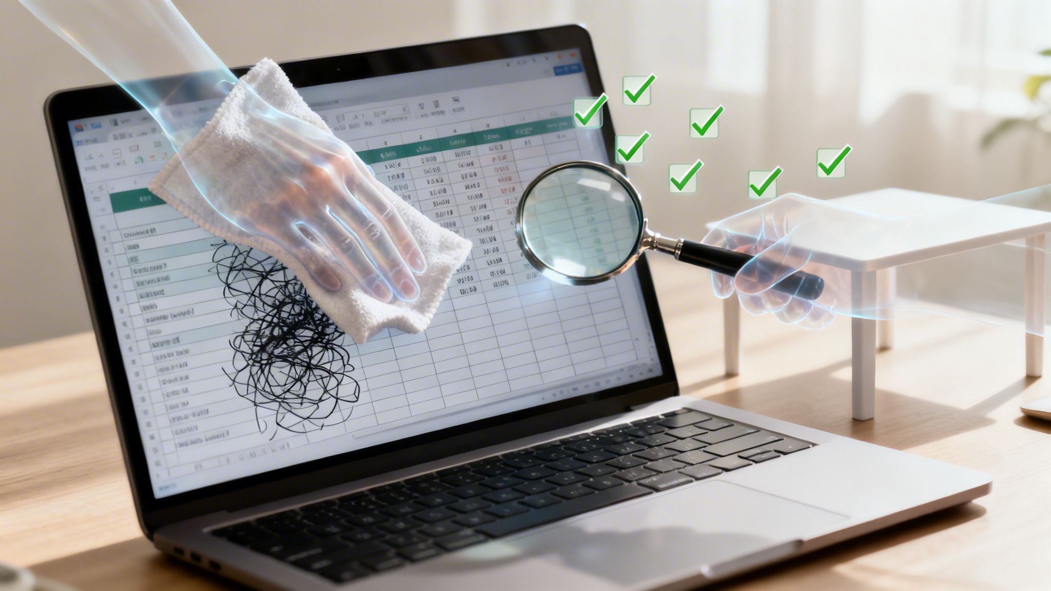 Mani trasparenti puliscono un foglio di calcolo su un laptop con lente d'ingrandimento e segni di spunta verdi, simboleggiando pulizia e analisi dei dati.