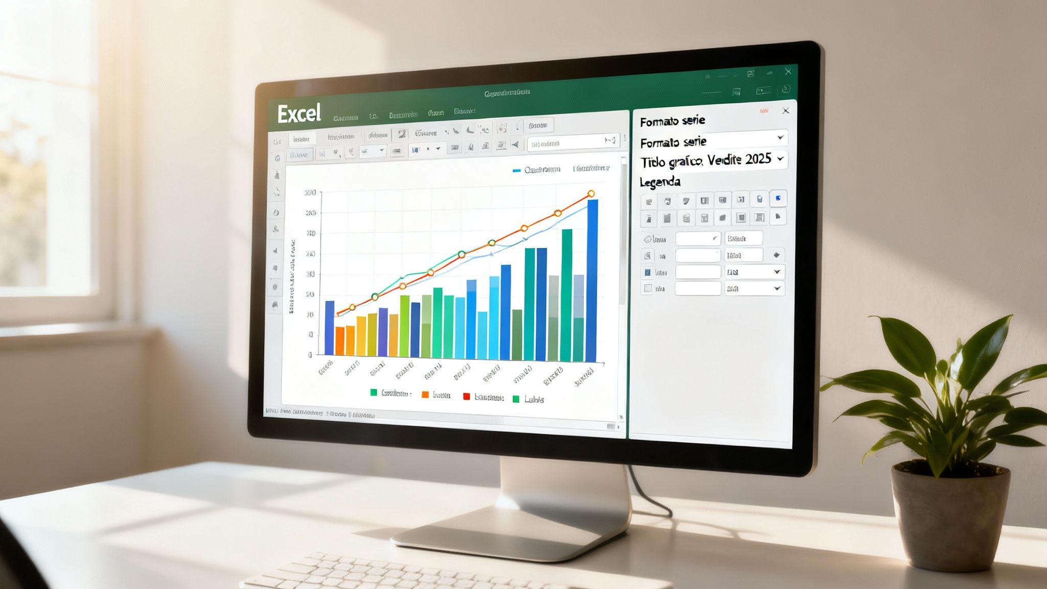 Un monitor mostra un grafico a barre e linee in Excel con dati di vendita 2025 su una scrivania illuminata dal sole.
