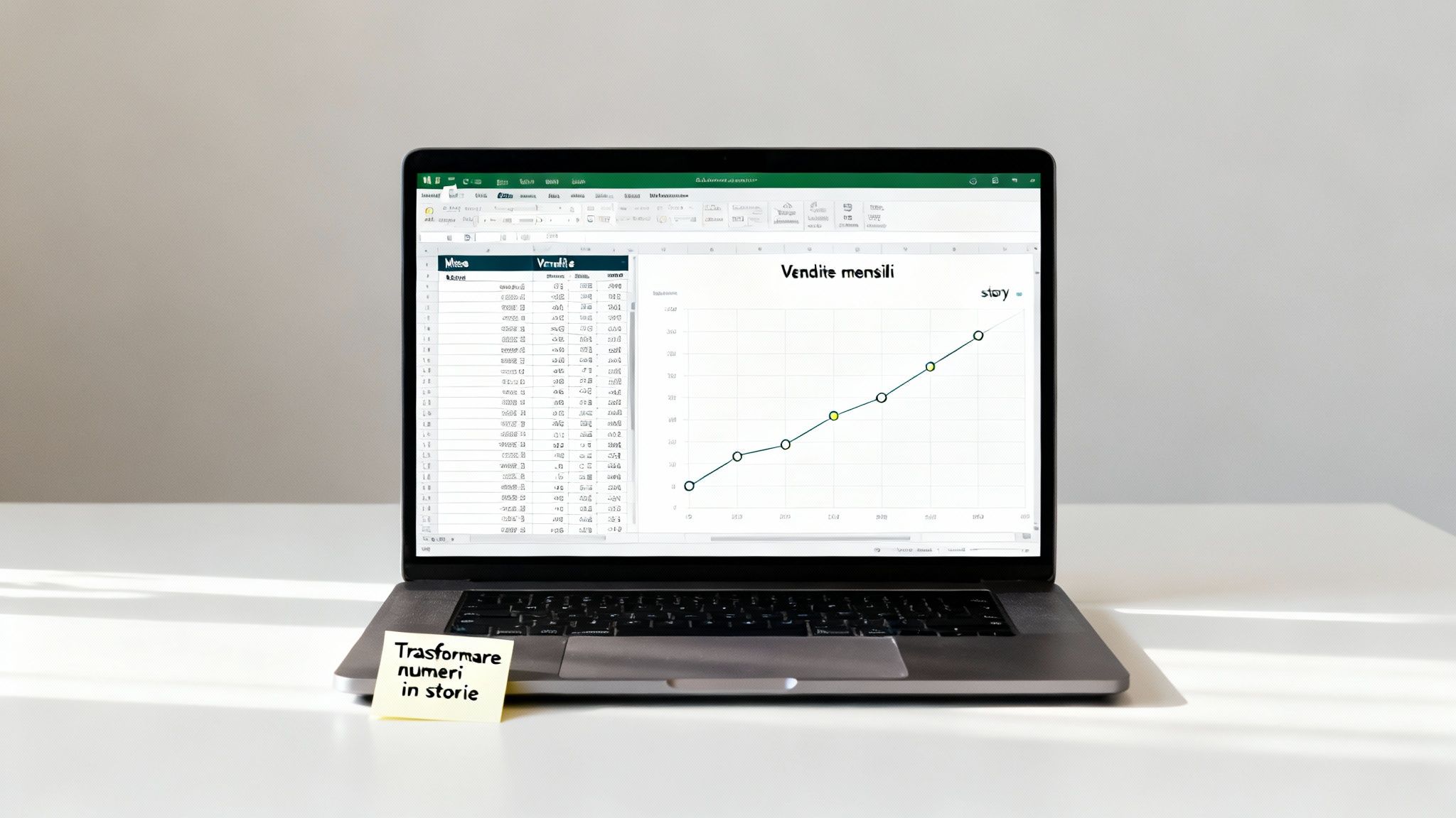 Laptop con foglio di calcolo Excel che mostra un grafico delle vendite mensili e una nota adesiva.