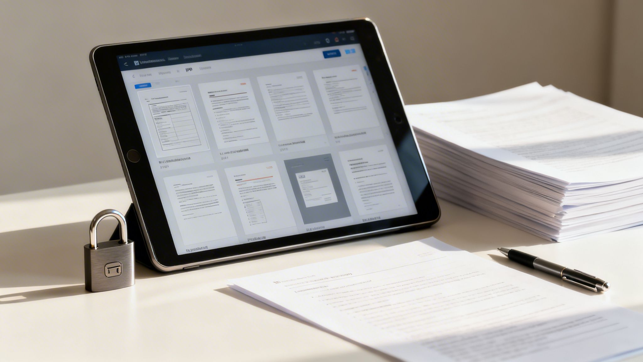 Un tablet mostra documenti digitali accanto a un lucchetto, una pila di carte e una penna su una scrivania.