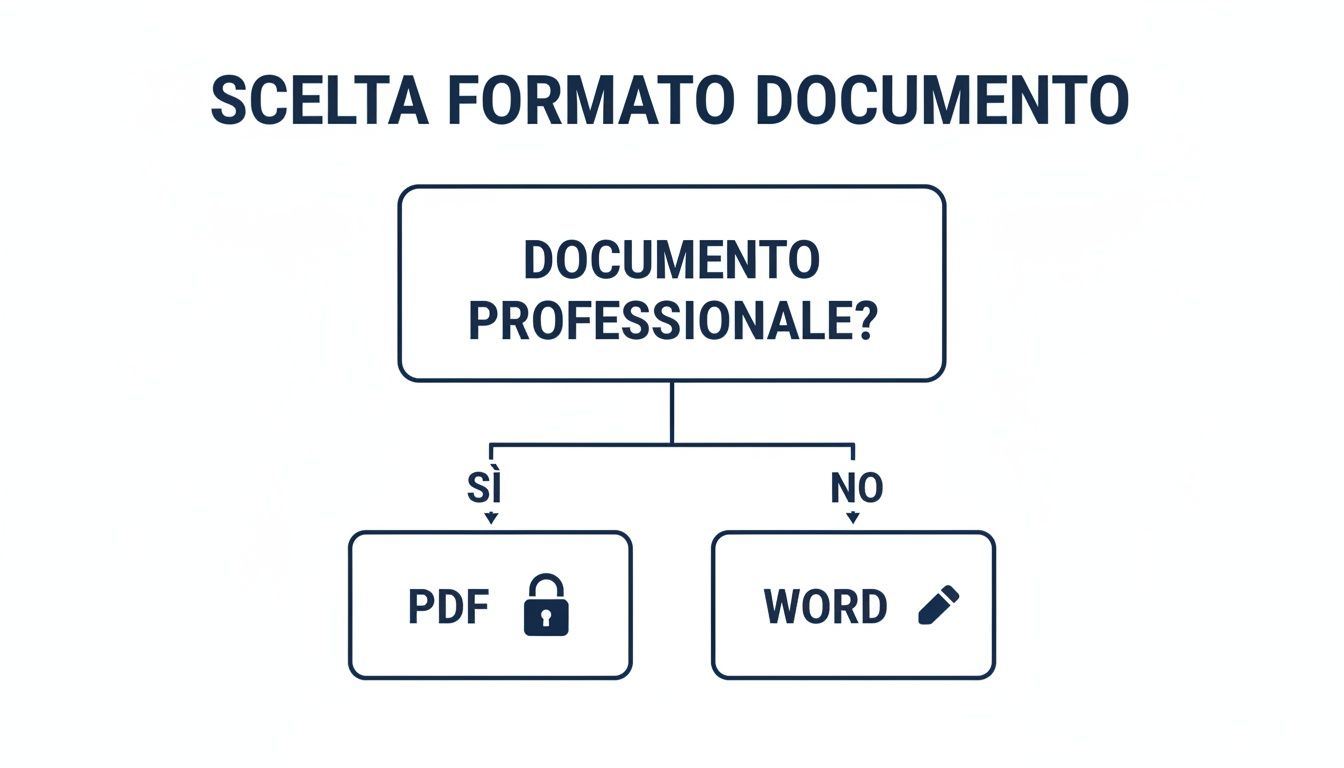 Diagramma di flusso che guida alla scelta del formato del documento: PDF per uso professionale e Word per altre modifiche.