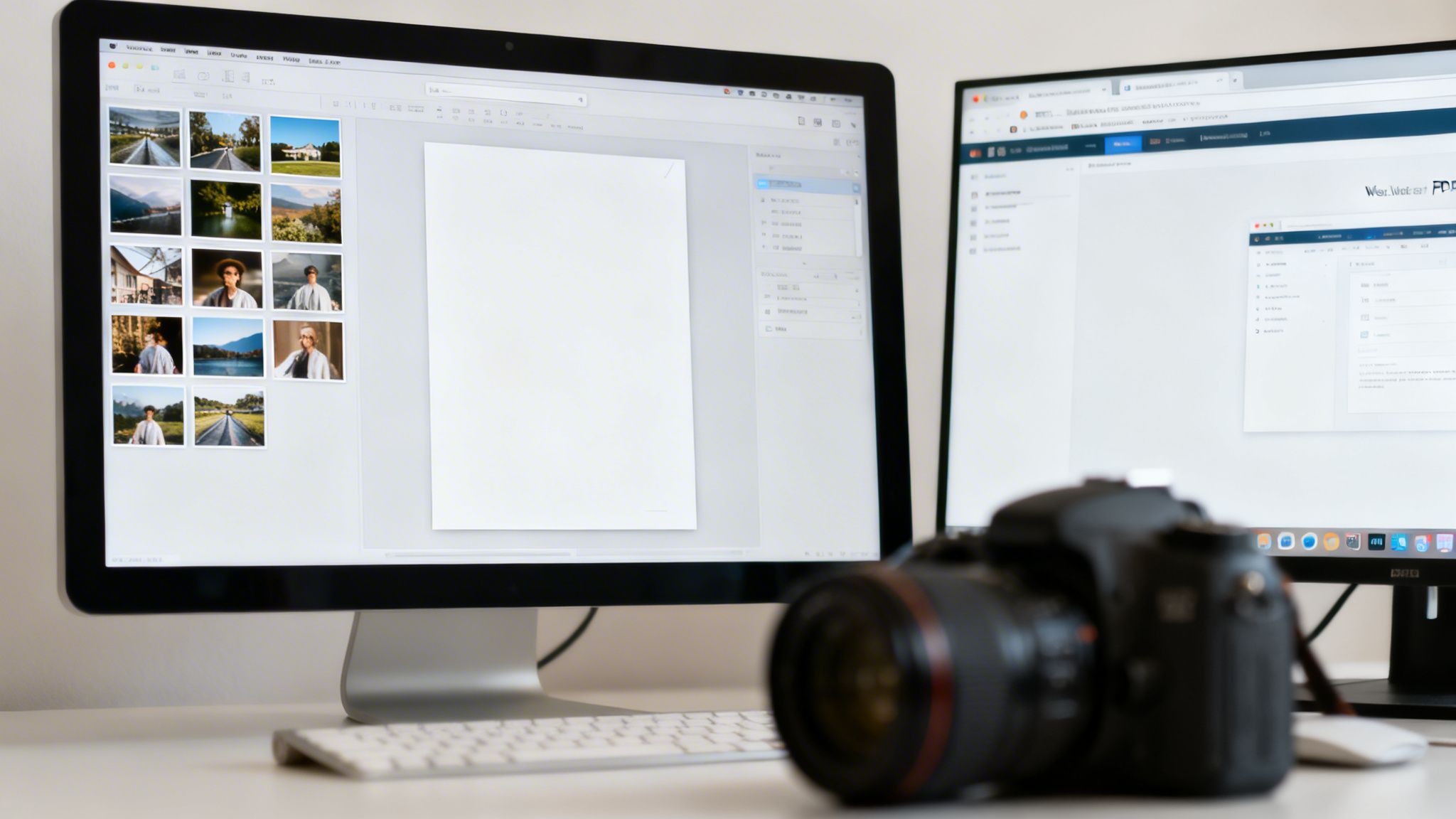 Due monitor di computer su una scrivania con software di editing fotografico e una fotocamera in primo piano.