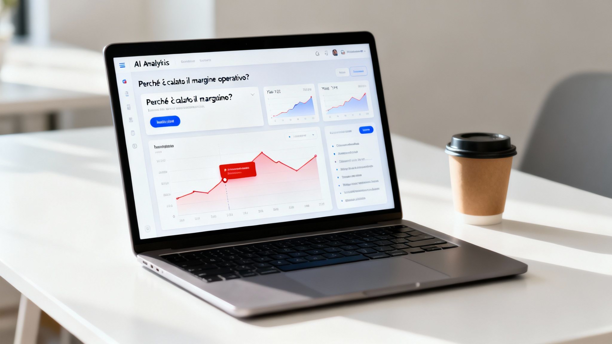 Laptop su scrivania bianca che mostra una dashboard di analisi aziendale con grafici e testo in italiano, accanto a una tazza di caffè.