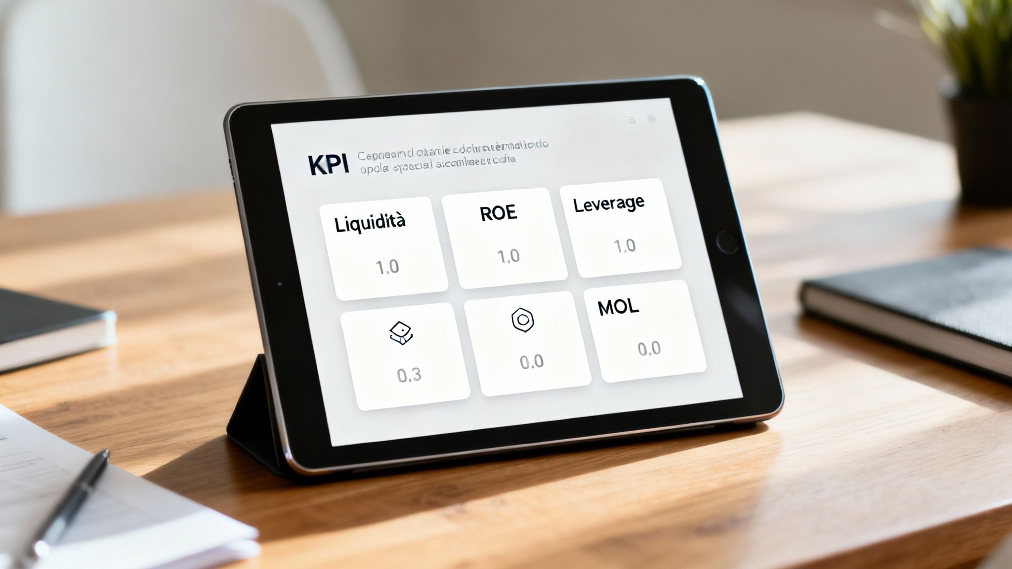 Un tablet mostra un cruscotto KPI con indicatori finanziari come Liquidità, ROE e Leverage su un tavolo.