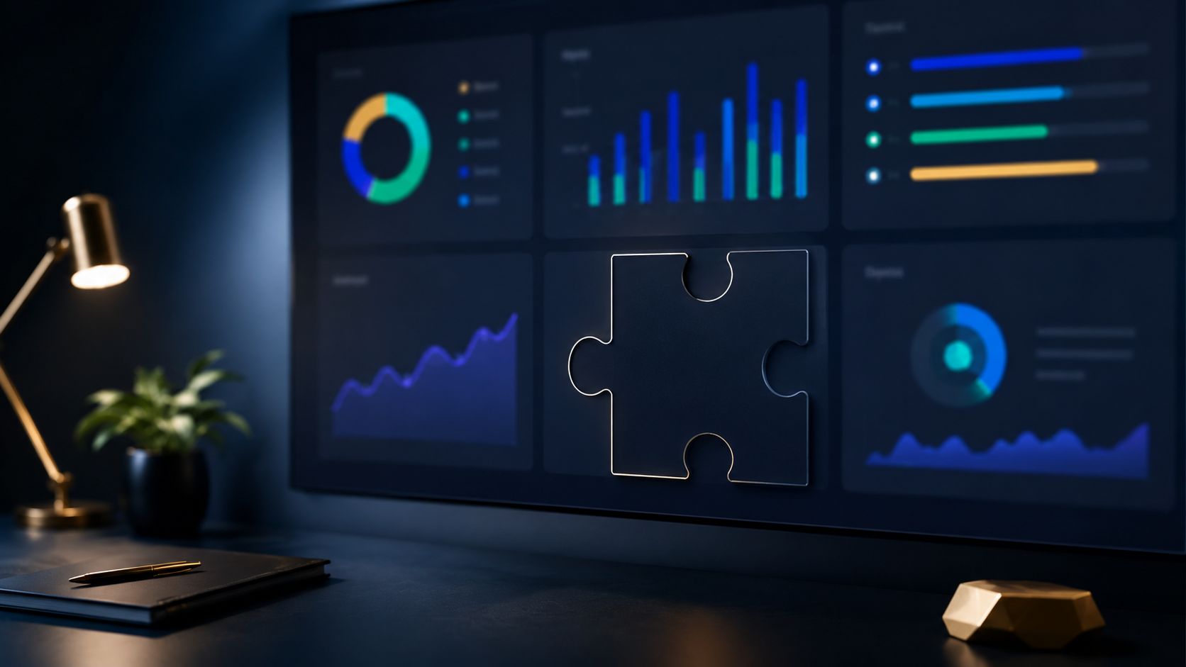 Un monitor visualizza grafici di dati e un pezzo di puzzle al centro in un ufficio moderno.