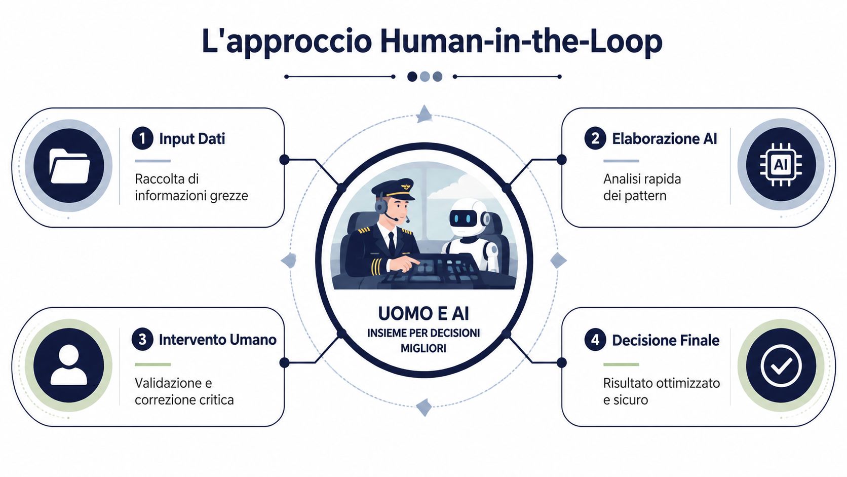 Diagramma dell'approccio Human-in-the-Loop che illustra la collaborazione tra uomo e intelligenza artificiale per decisioni ottimali.