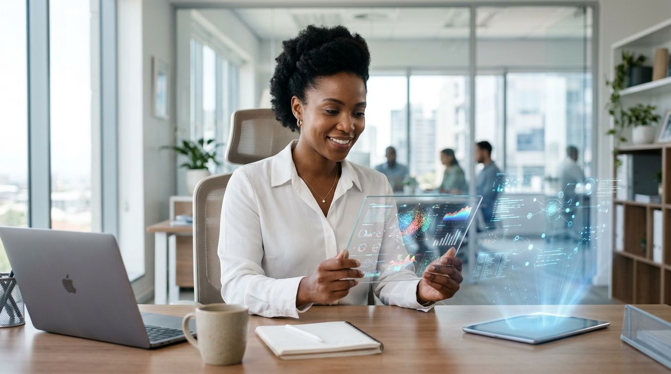 Una professionista sorridente analizza dati complessi attraverso uno schermo olografico trasparente nel suo moderno ufficio aziendale.