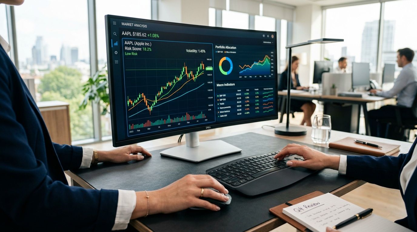 Due professionisti analizzano dati finanziari di Apple su un monitor in un moderno ufficio luminoso