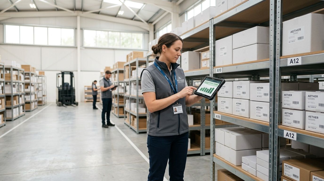 Una dipendente in un magazzino utilizza un tablet con grafici di analisi per controllare le scorte