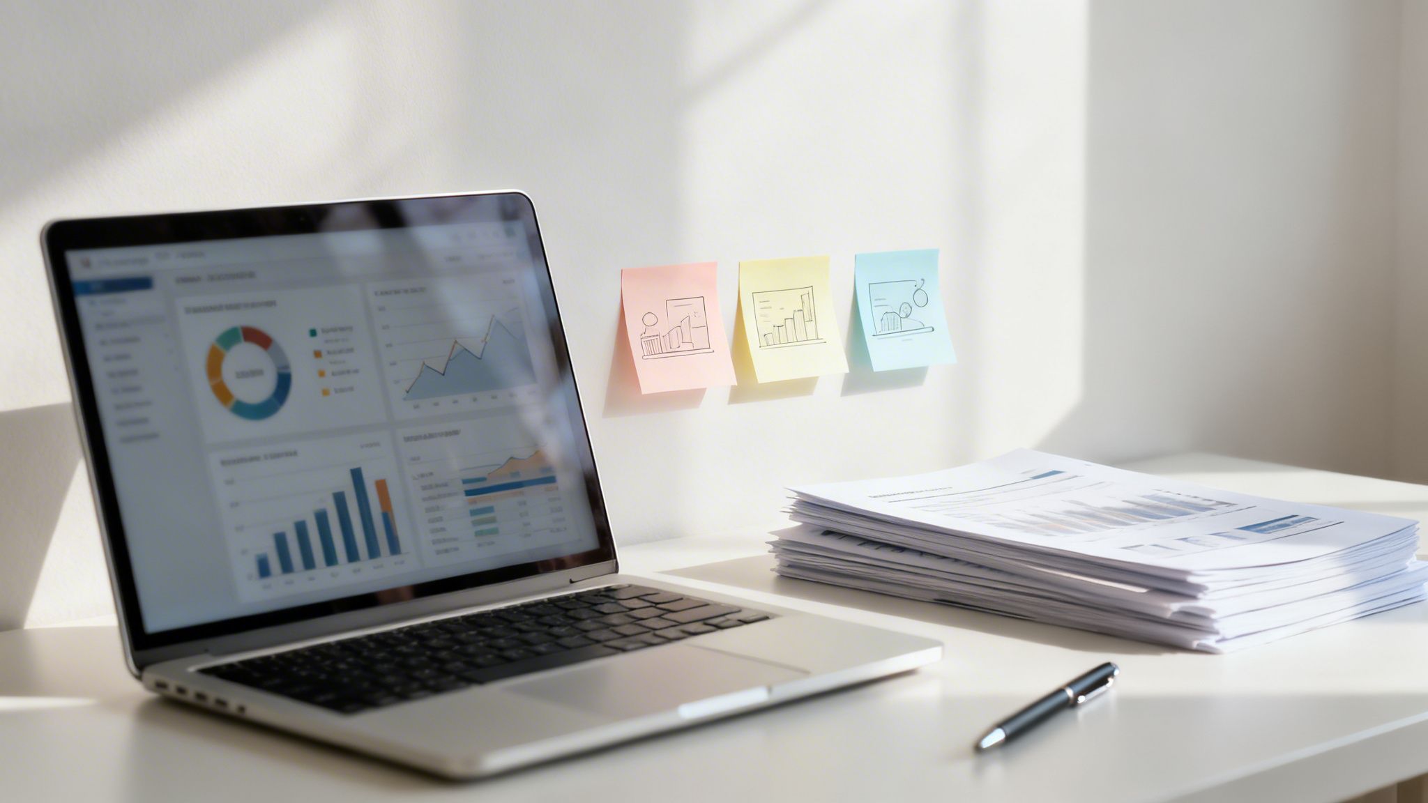 Un laptop mostra grafici e dati su una scrivania bianca con documenti, una penna e post-it colorati.