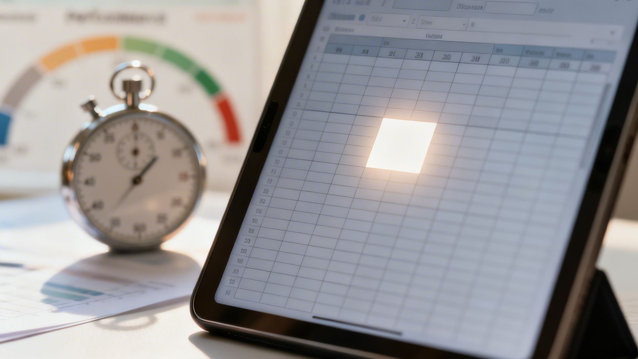 Un tablet mostra un foglio di calcolo con una cella evidenziata, accanto a un cronometro e grafici.