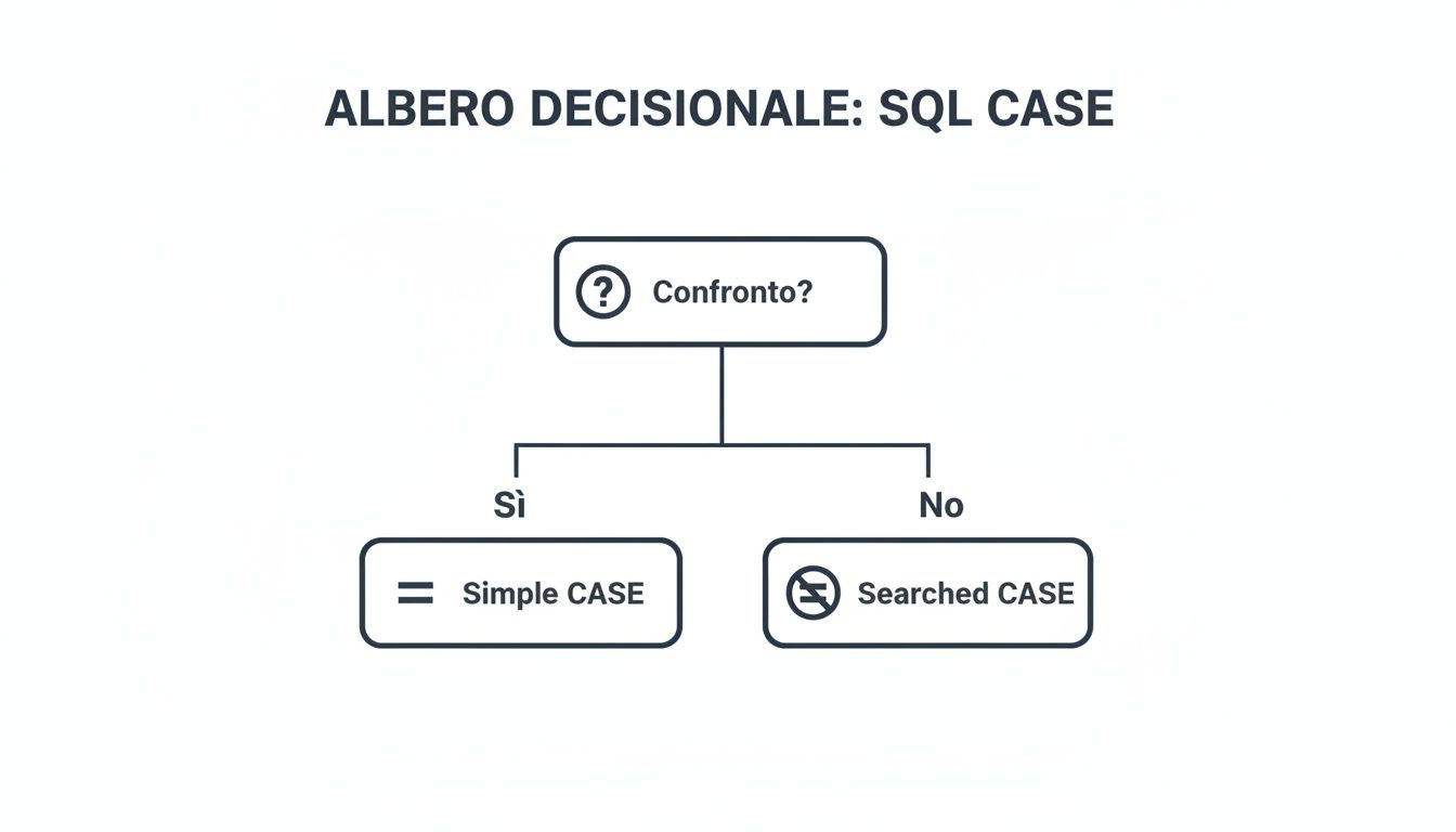 Un diagramma di flusso che spiega quando usare SQL Simple CASE o Searched CASE, basato su un confronto.