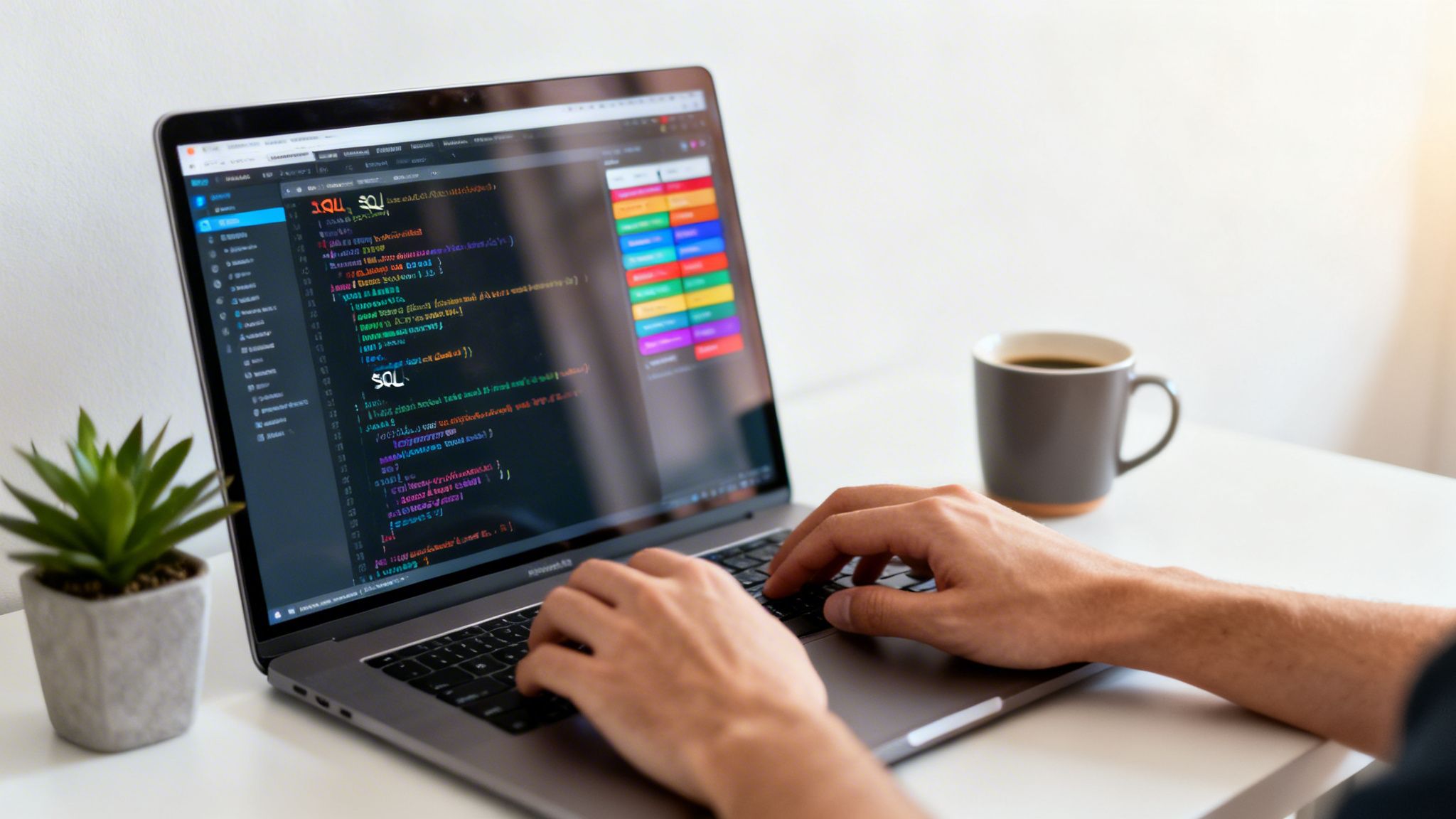 Persona digita su laptop, codice SQL visibile sullo schermo. Pianta e tazza di caffè sul tavolo.