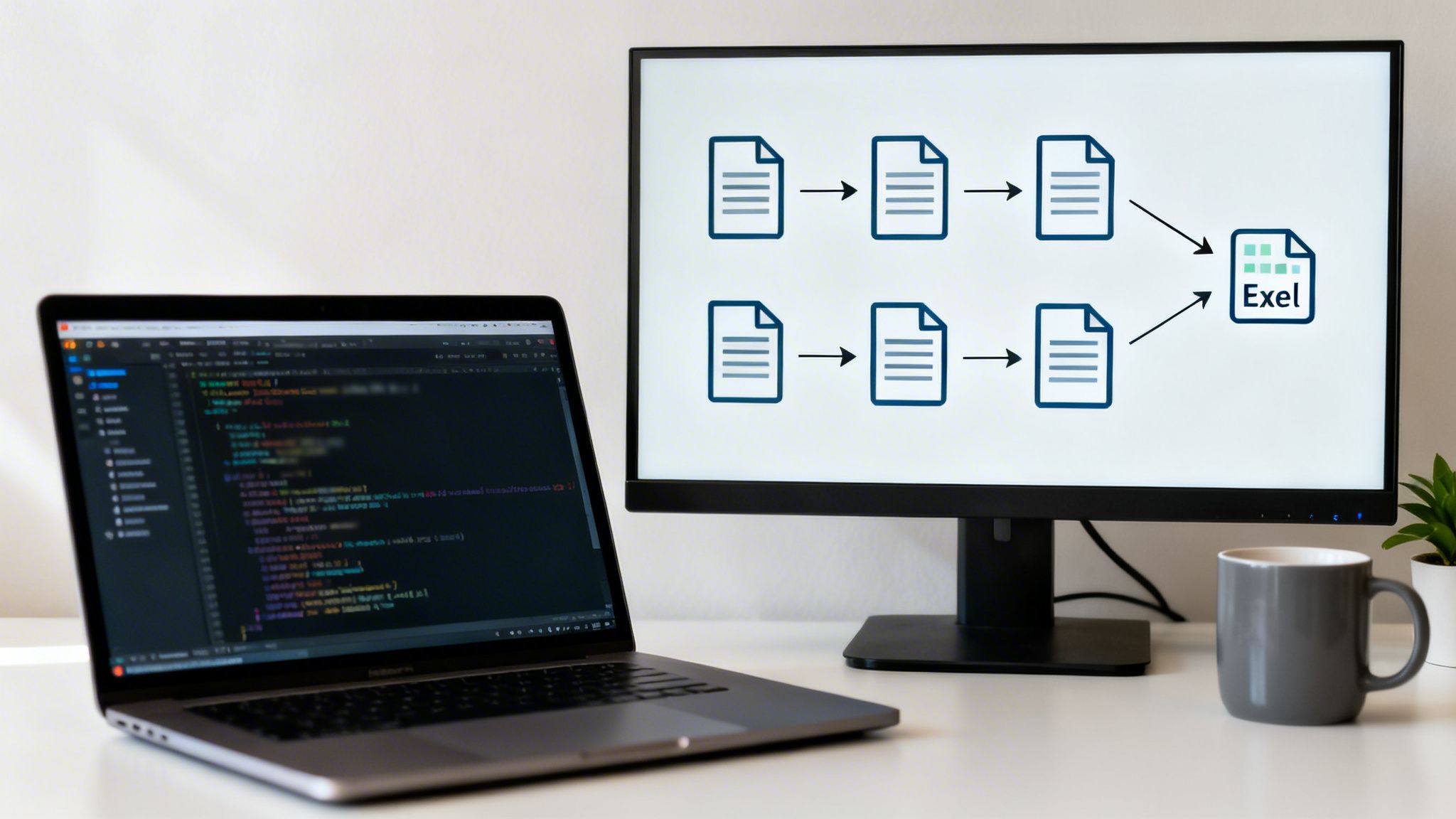 Un laptop mostra codice di programmazione accanto a un monitor con un diagramma di flusso che porta a un file Excel, illustrando l'automazione dei dati.