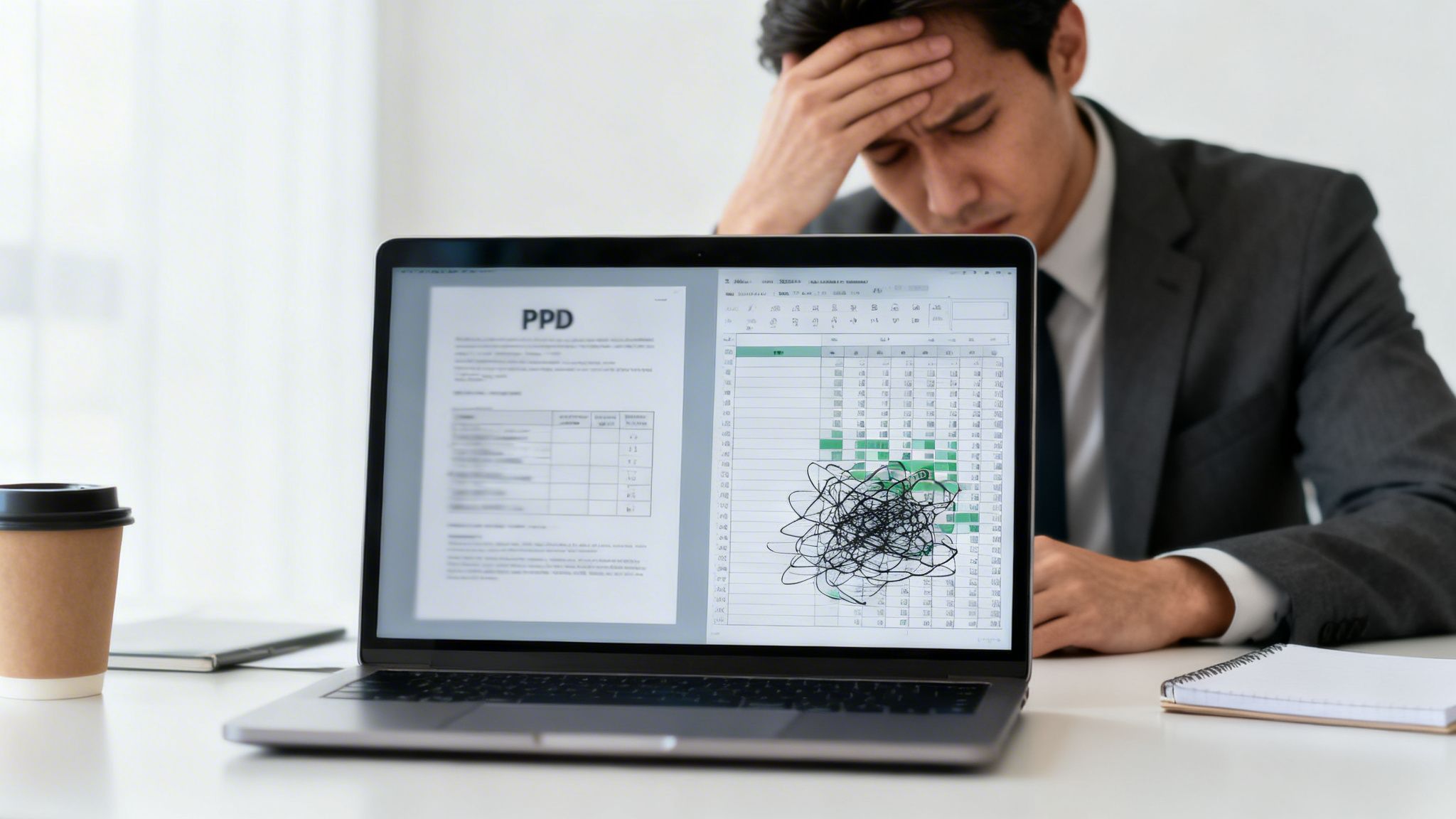 Un uomo d'affari stressato guarda un laptop che mostra un documento PPD e un foglio di calcolo con dati confusi.