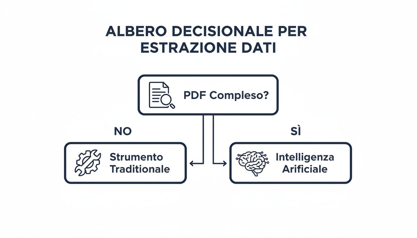Albero decisionale che illustra come scegliere lo strumento per l'estrazione dati da PDF: tradizionale o intelligenza artificiale.