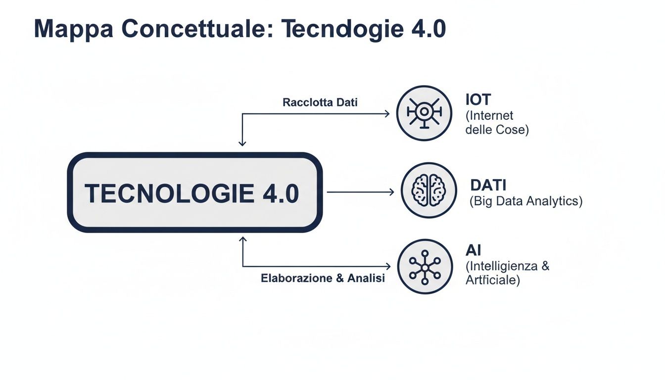 Mappa concettuale delle Tecnologie 4.0, mostrando Internet delle Cose, Big Data Analytics e Intelligenza Artificiale con raccolta e analisi dati.