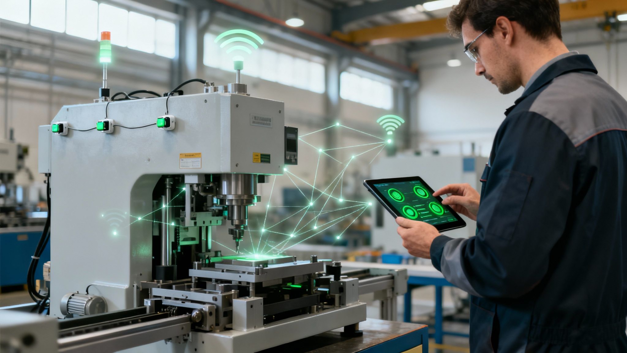 Un tecnico controlla una macchina industriale intelligente tramite tablet, con sovrapposizioni digitali che indicano connettività e Industria 4.0.