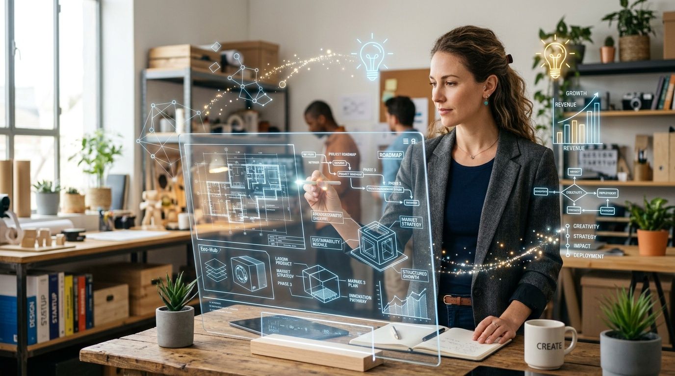 Una professionista lavora con un'interfaccia olografica avanzata per la pianificazione strategica di un progetto innovativo in ufficio.