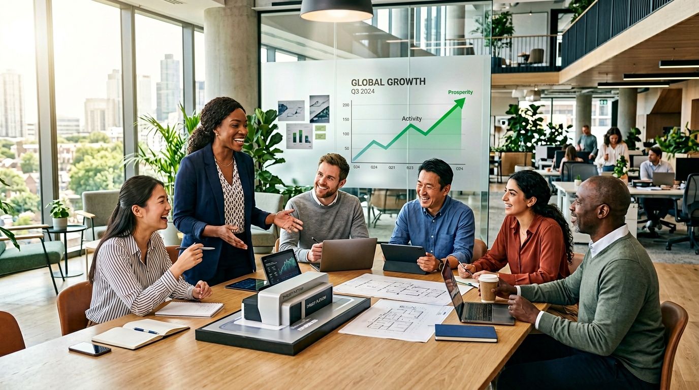Un team aziendale multiculturale collabora attorno a un tavolo da conferenza durante una riunione di lavoro professionale.