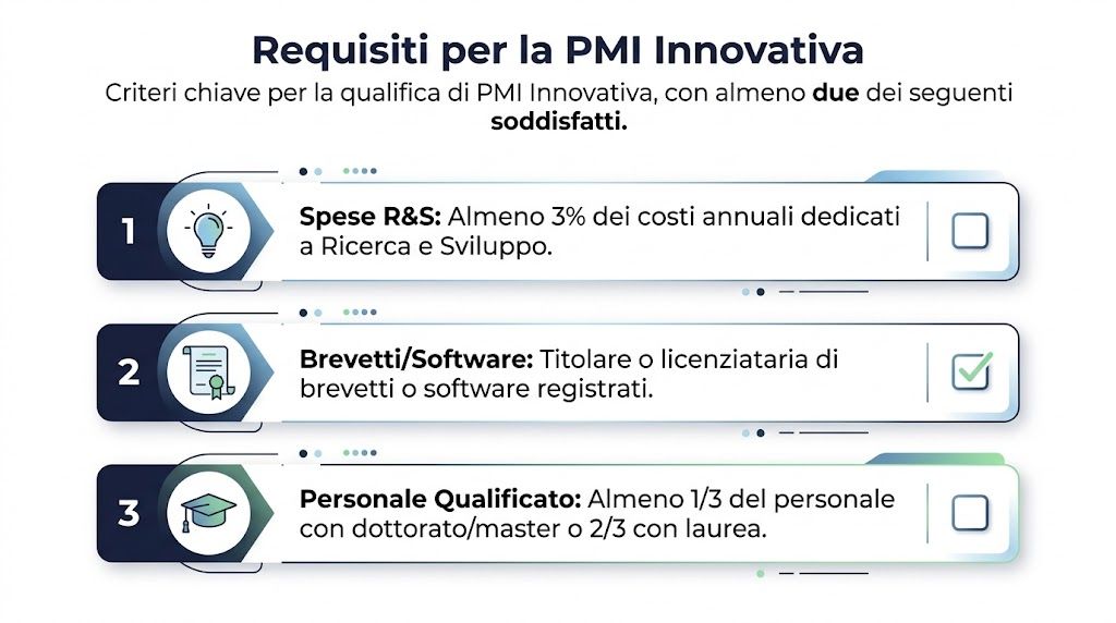 Infografica che elenca i tre requisiti fondamentali per ottenere la qualifica ufficiale di PMI innovativa in Italia.