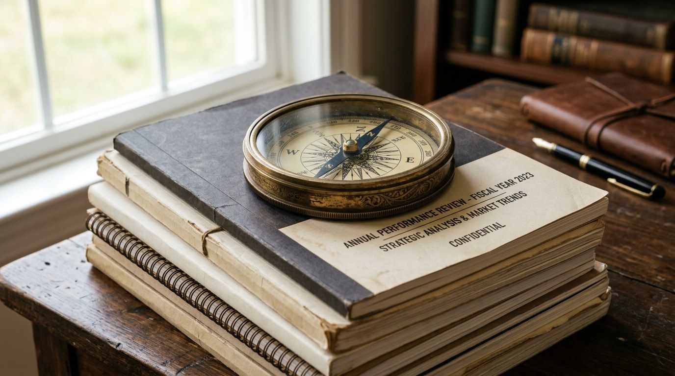 Una bussola antica posata sopra dei documenti aziendali intitolati "Annual Performance Review" su un tavolo in legno