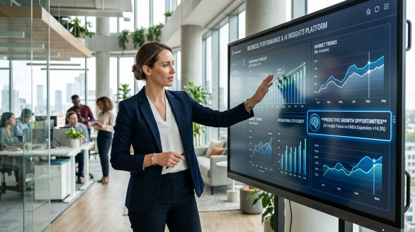 Una donna d'affari professionale presenta dati su una dashboard interattiva in un moderno ufficio open space.