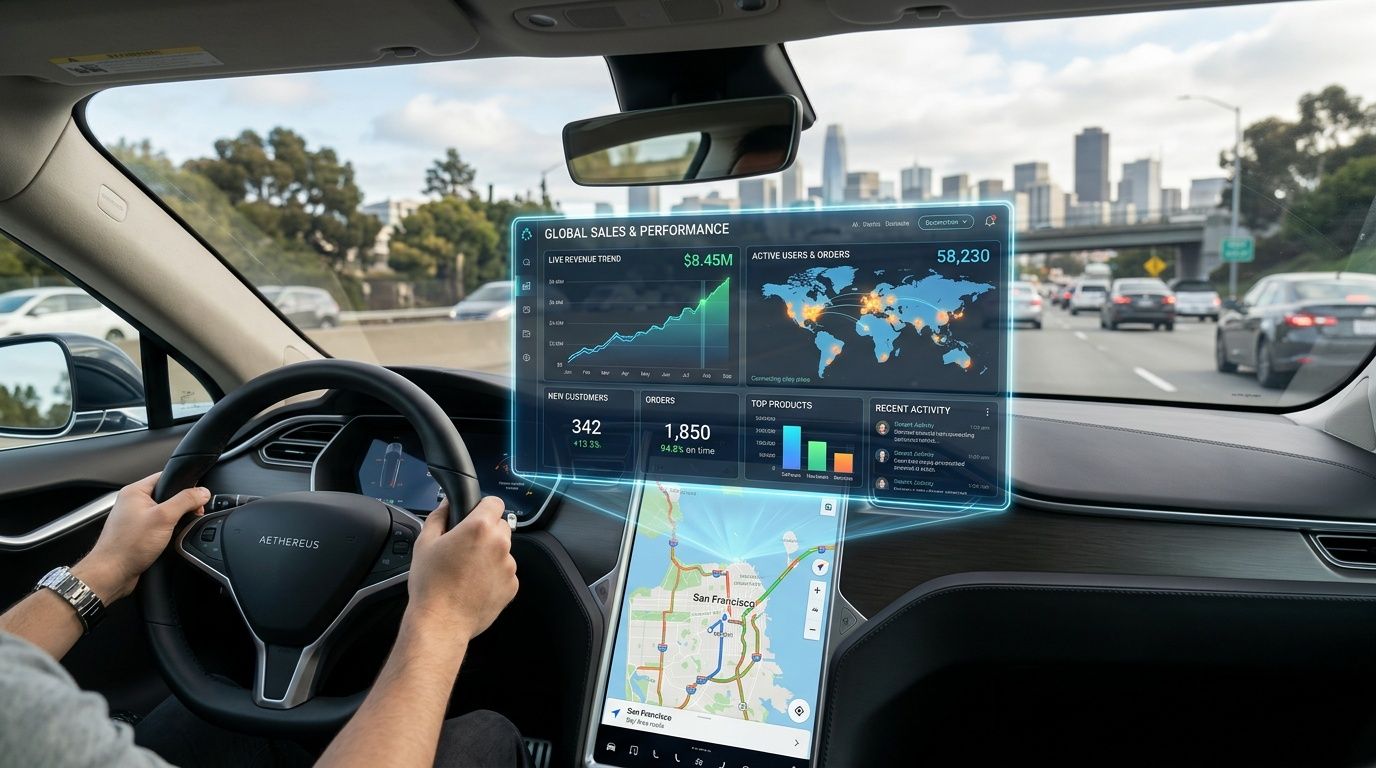 Una vista dal posto di guida di un'auto moderna con un cruscotto olografico che visualizza dati aziendali.
