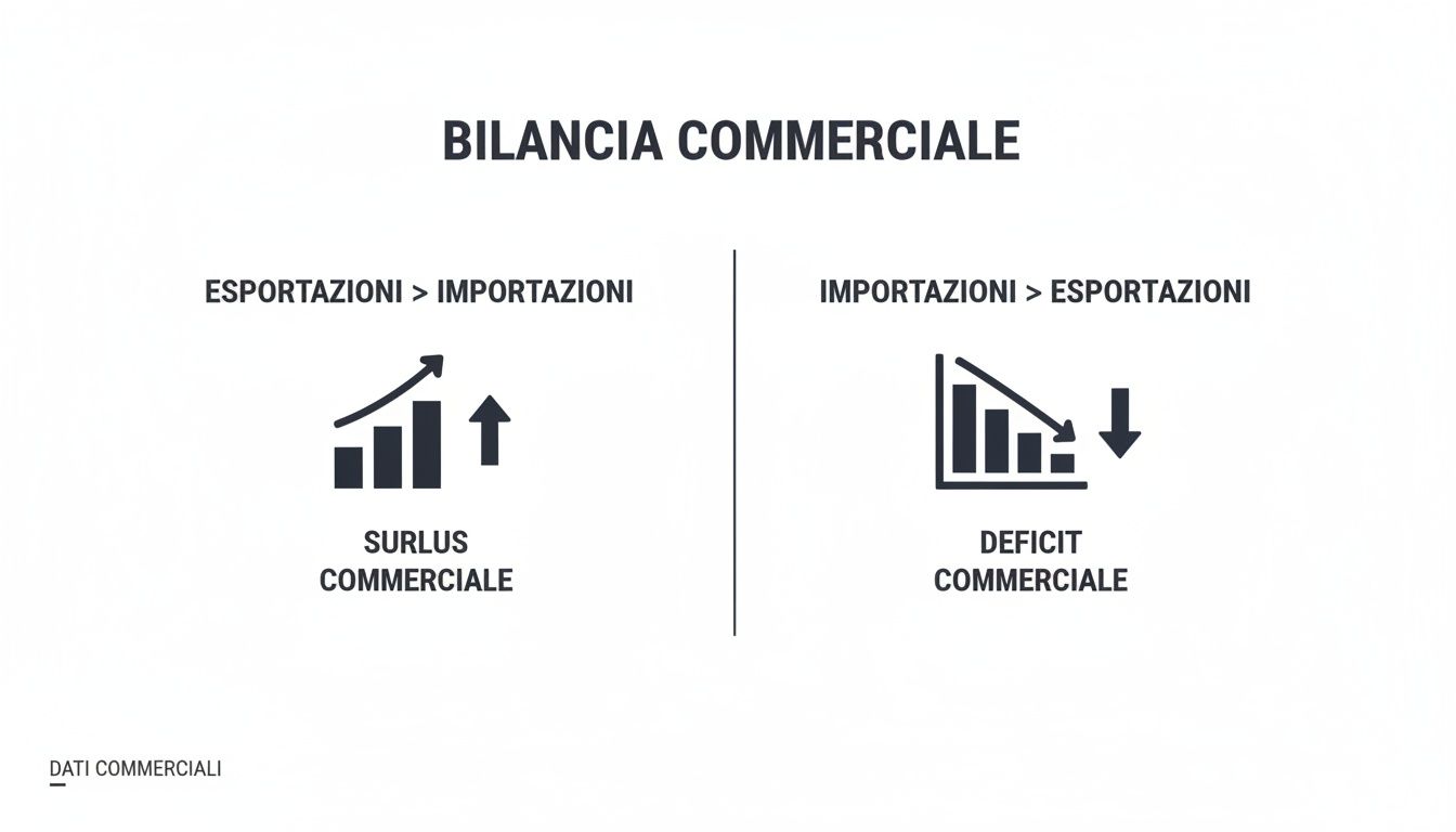 Infografica che illustra la bilancia commerciale: surplus (esportazioni > importazioni) e deficit (importazioni > esportazioni) con grafici esplicativi.