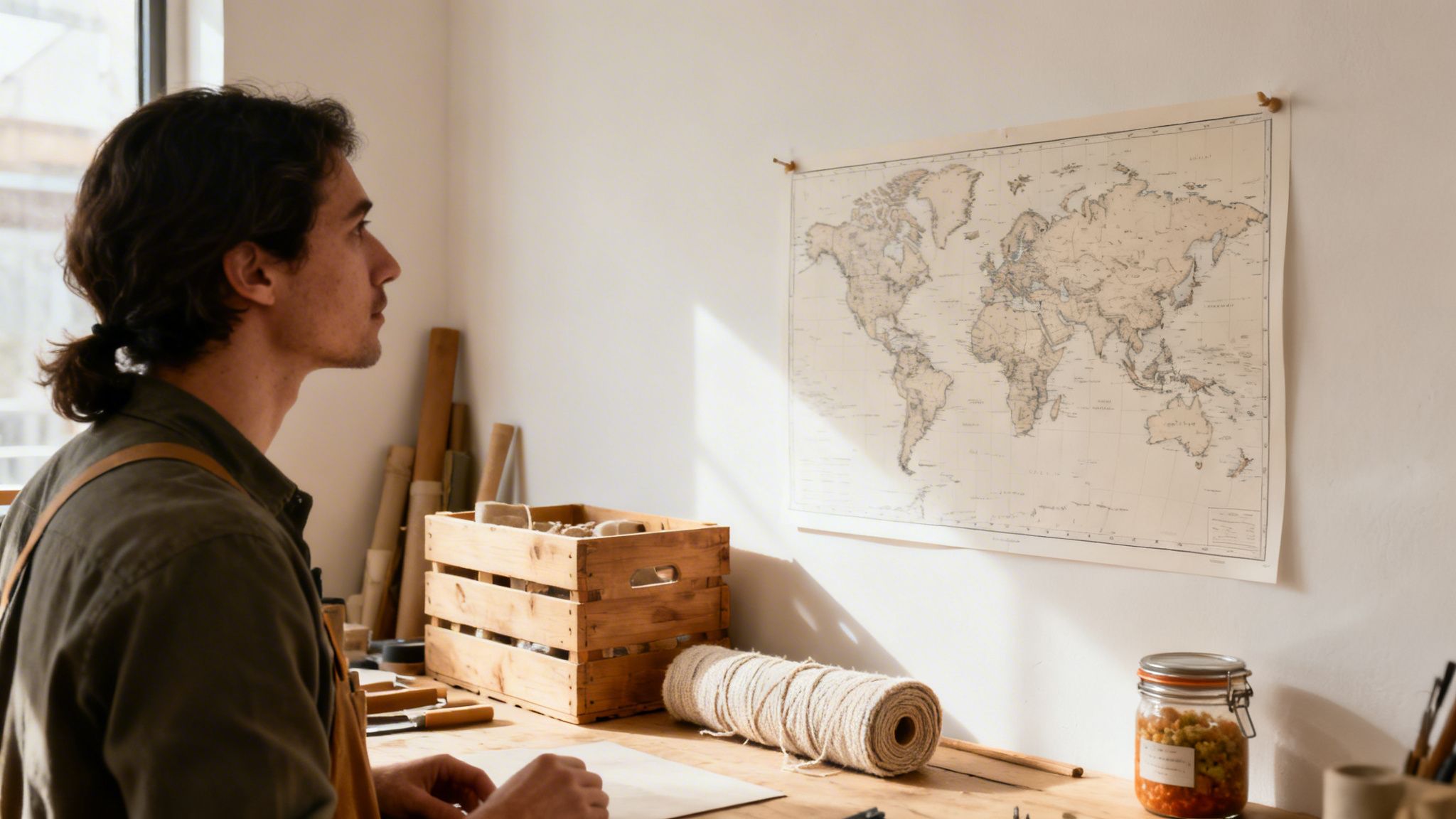 Un uomo al tavolo da lavoro guarda una mappa del mondo appesa al muro, con materiali artigianali sulla scrivania.