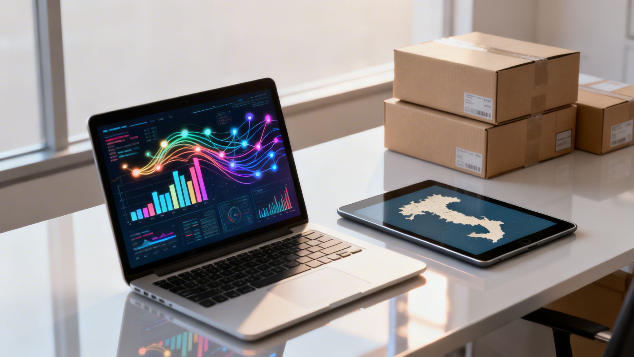 Laptop con grafici colorati e tablet con mappa dell'Italia, affiancati da pacchi per la spedizione.