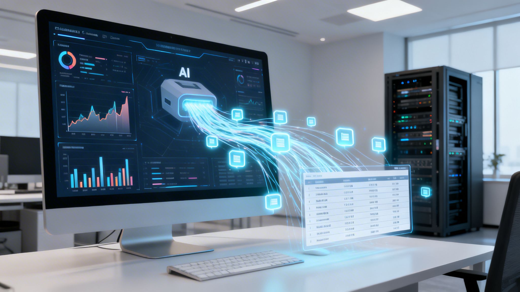 Uno schermo di computer mostra visualizzazioni di dati e intelligenza artificiale, con flussi di dati verso una tabella olografica in un ambiente server.